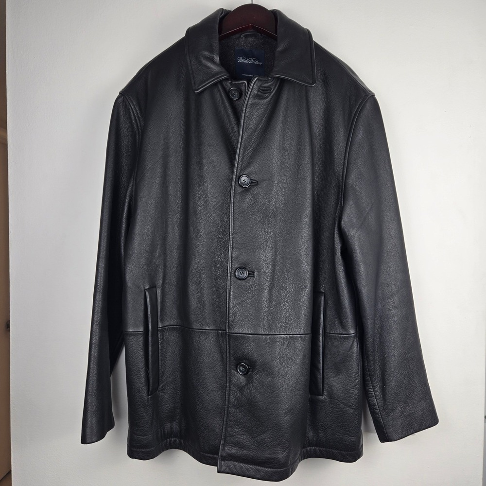 Brooks Brothers Mens Black Pebbled Leather Car Coat Button Front Jacket Small - Picture 2 of 14